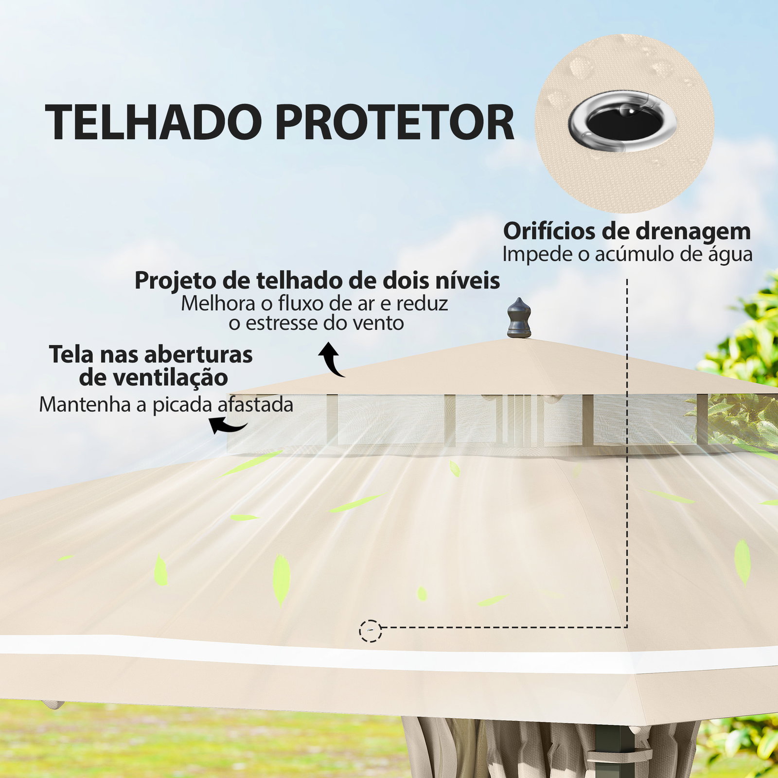 Pérgola de jardim 370x303x290 cm com telhado duplo cortinas laterais e mosquiteiras resistente à água e anti-UV bege