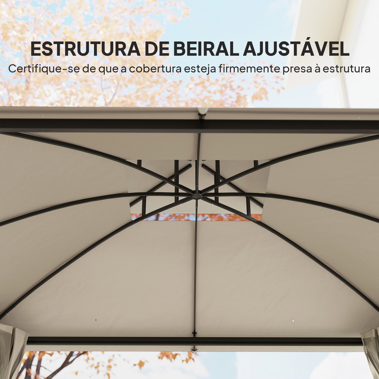 Pérgola de jardim 370x303x290 cm com telhado duplo cortinas laterais e mosquiteiras resistente à água e anti-UV bege