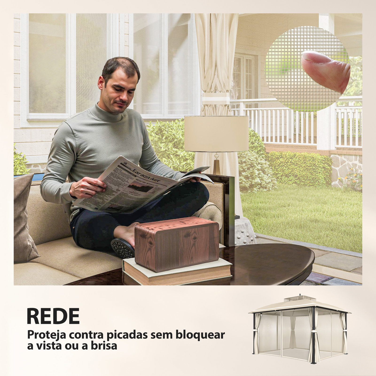 Pérgola de jardim 370x303x290 cm com telhado duplo cortinas laterais e mosquiteiras resistente à água e anti-UV bege