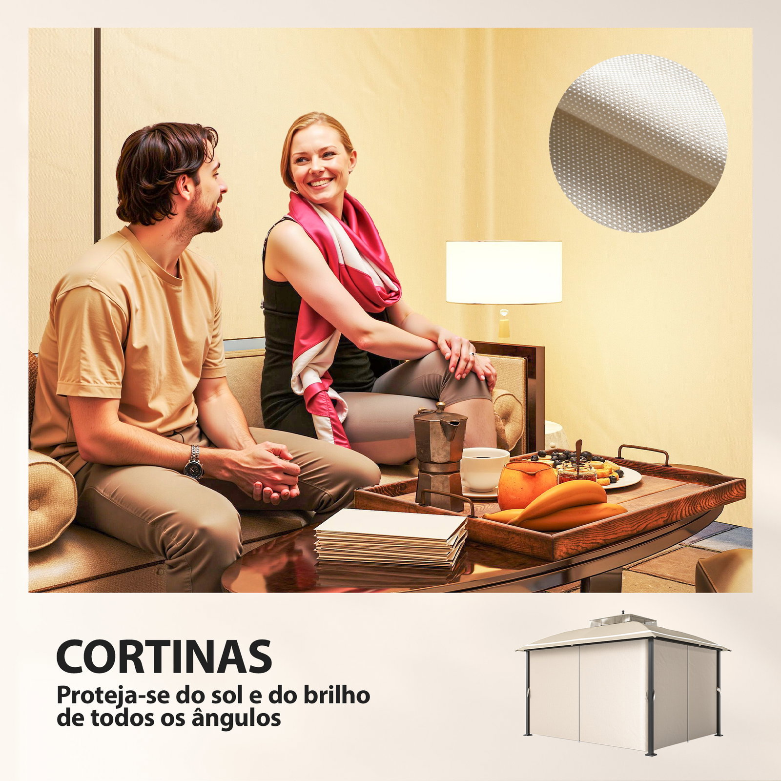 Pérgola de jardim 370x303x290 cm com telhado duplo cortinas laterais e mosquiteiras resistente à água e anti-UV bege
