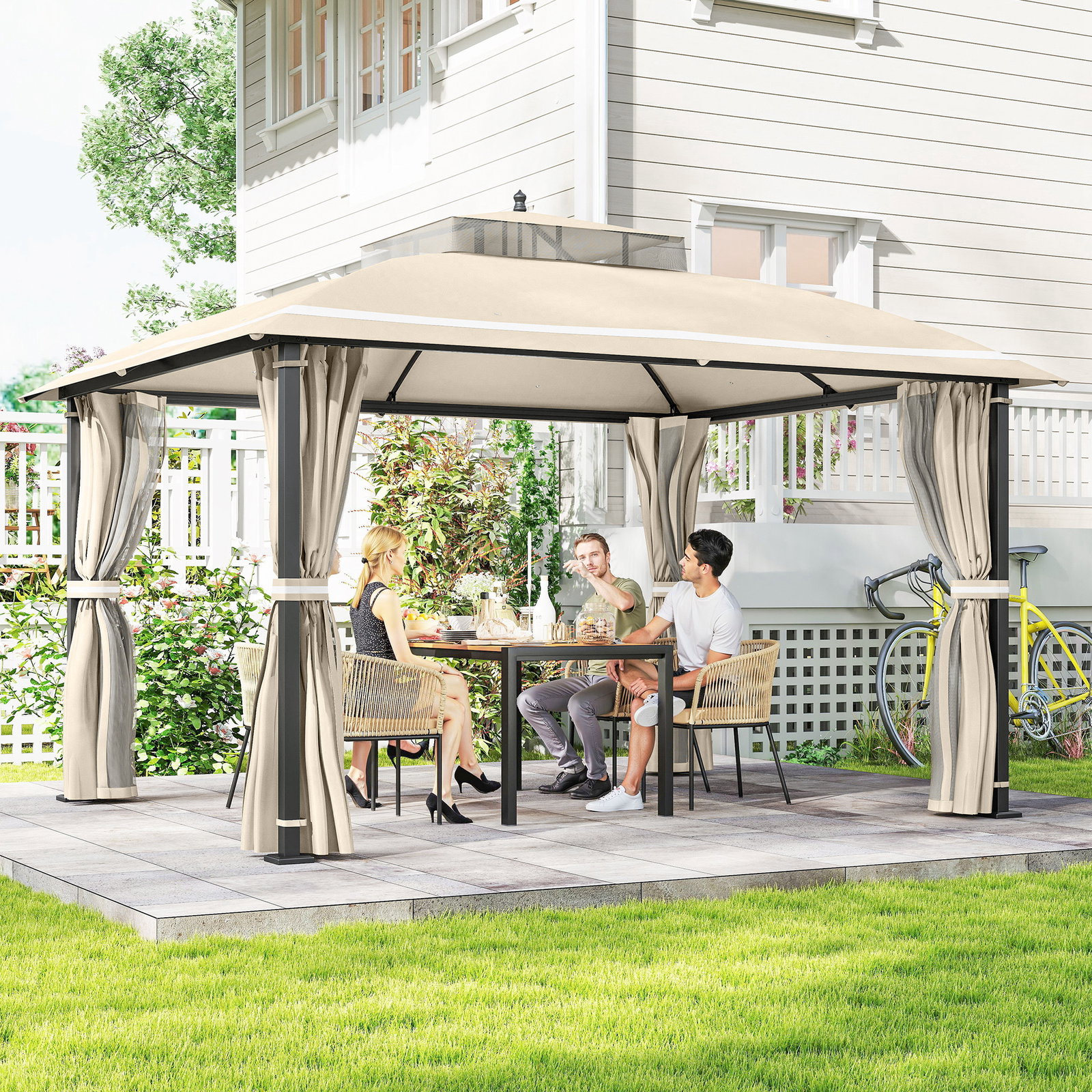 Pérgola de jardim 370x303x290 cm com telhado duplo cortinas laterais e mosquiteiras resistente à água e anti-UV bege