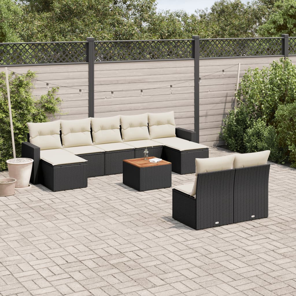 10 Pcs conjunto sofás de jardim c/ almofadões vime PE preto
