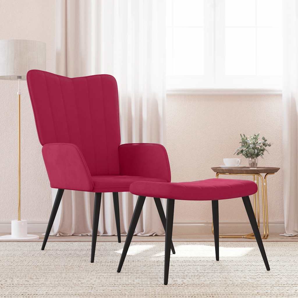 Cadeira de descanso com banco veludo vermelho tinto