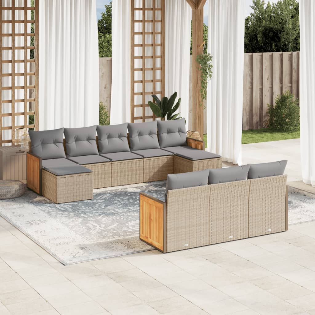 10 Pcs conjunto de sofás p/ jardim com almofadões vime PE bege