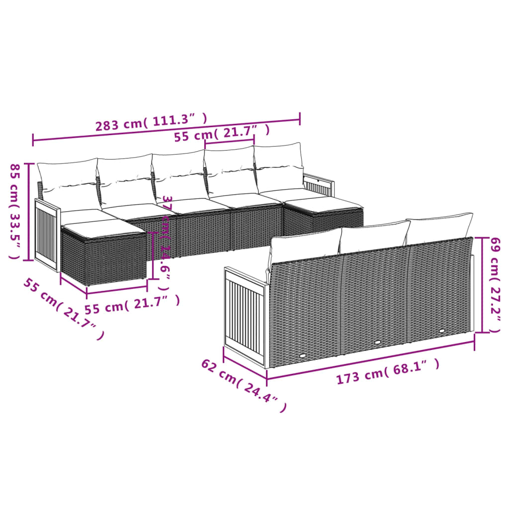 10 Pcs conjunto de sofás p/ jardim com almofadões vime PE bege