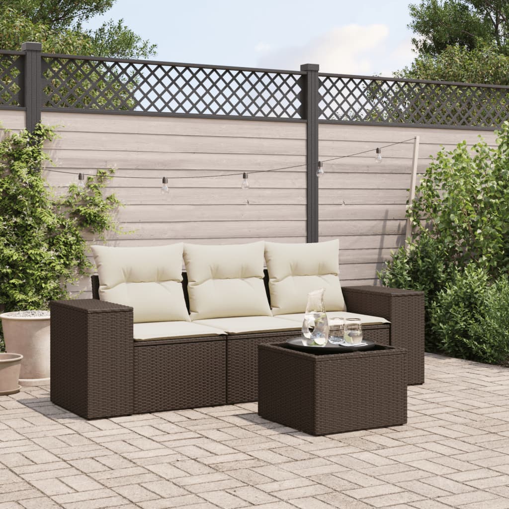 4 Pcs conjunto sofás de jardim c/ almofadões vime PE castanho