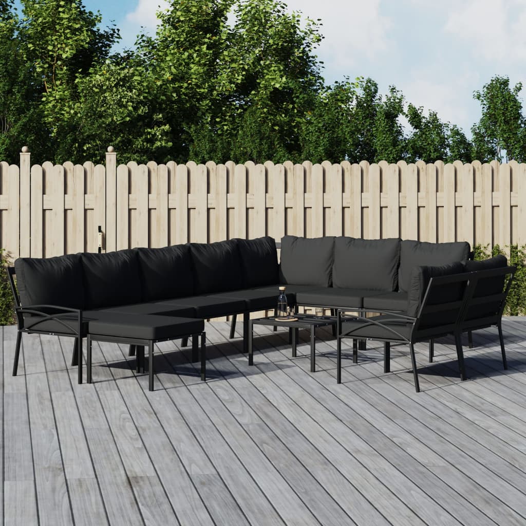 11 Pcs conjunto lounge de jardim aço c/ almofadões cinzentos
