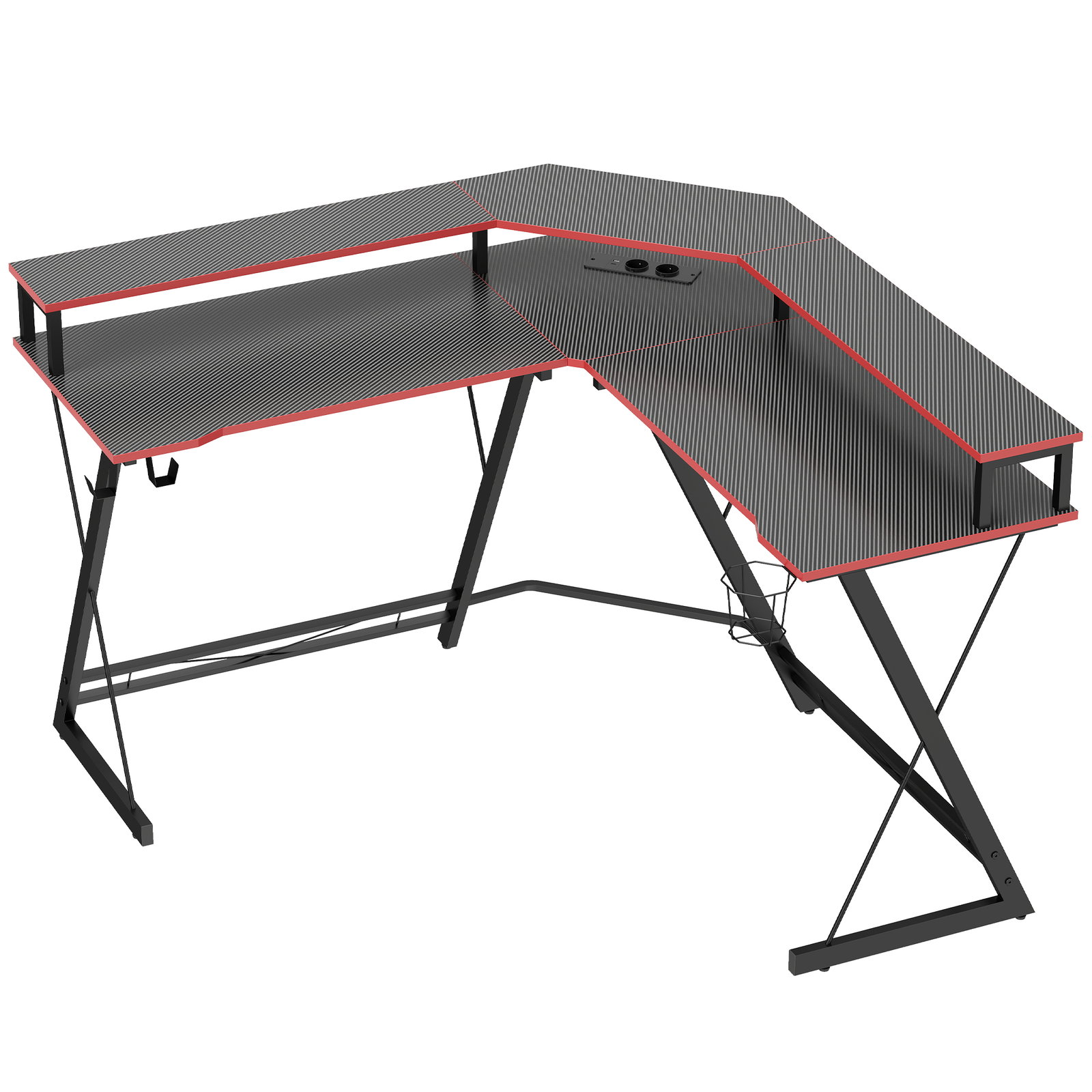Secretária de canto com tomadas em forma de l 128x128 cm com suporte para monitor gancho e suporte para copos preta