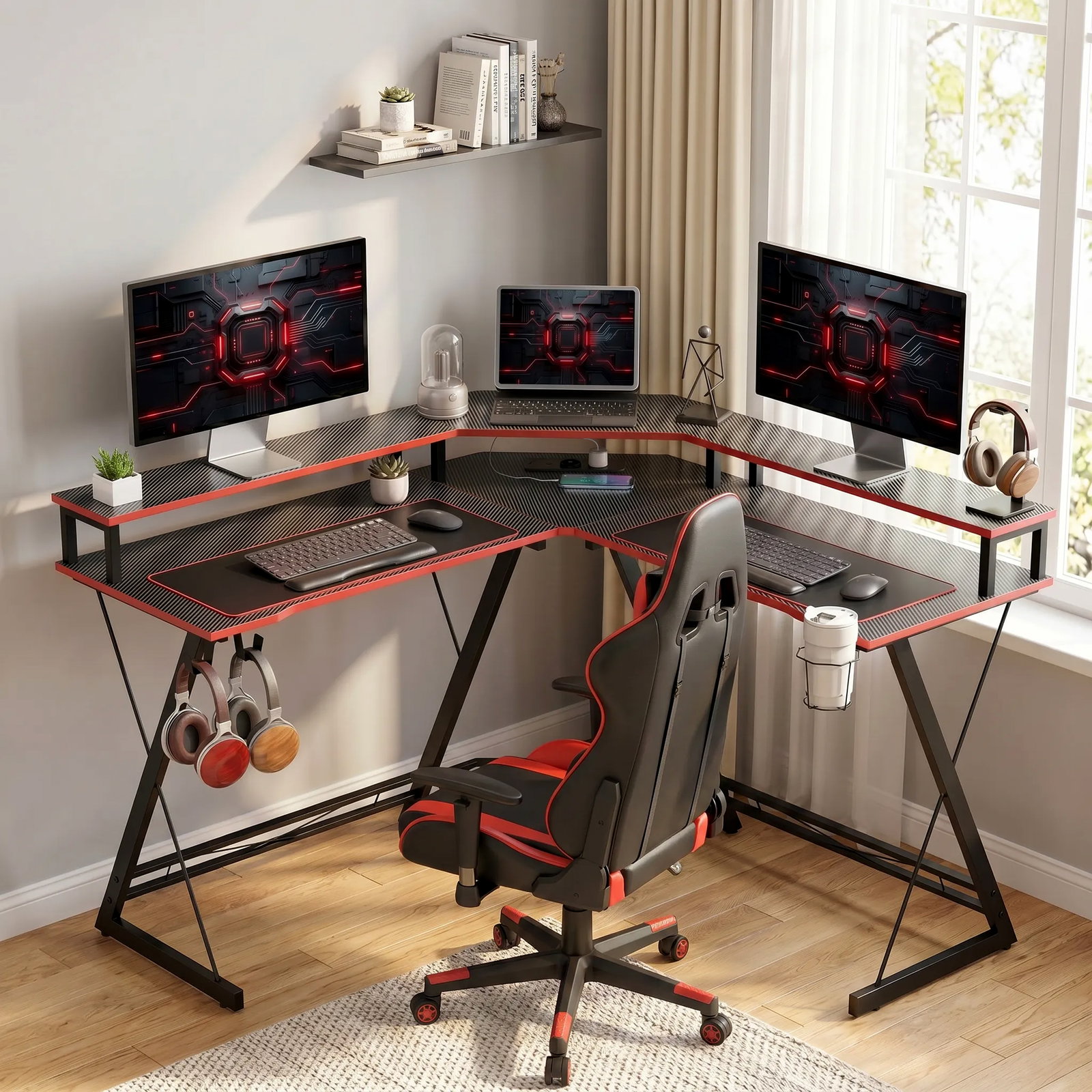 Secretária de canto com tomadas em forma de l 128x128 cm com suporte para monitor gancho e suporte para copos preta