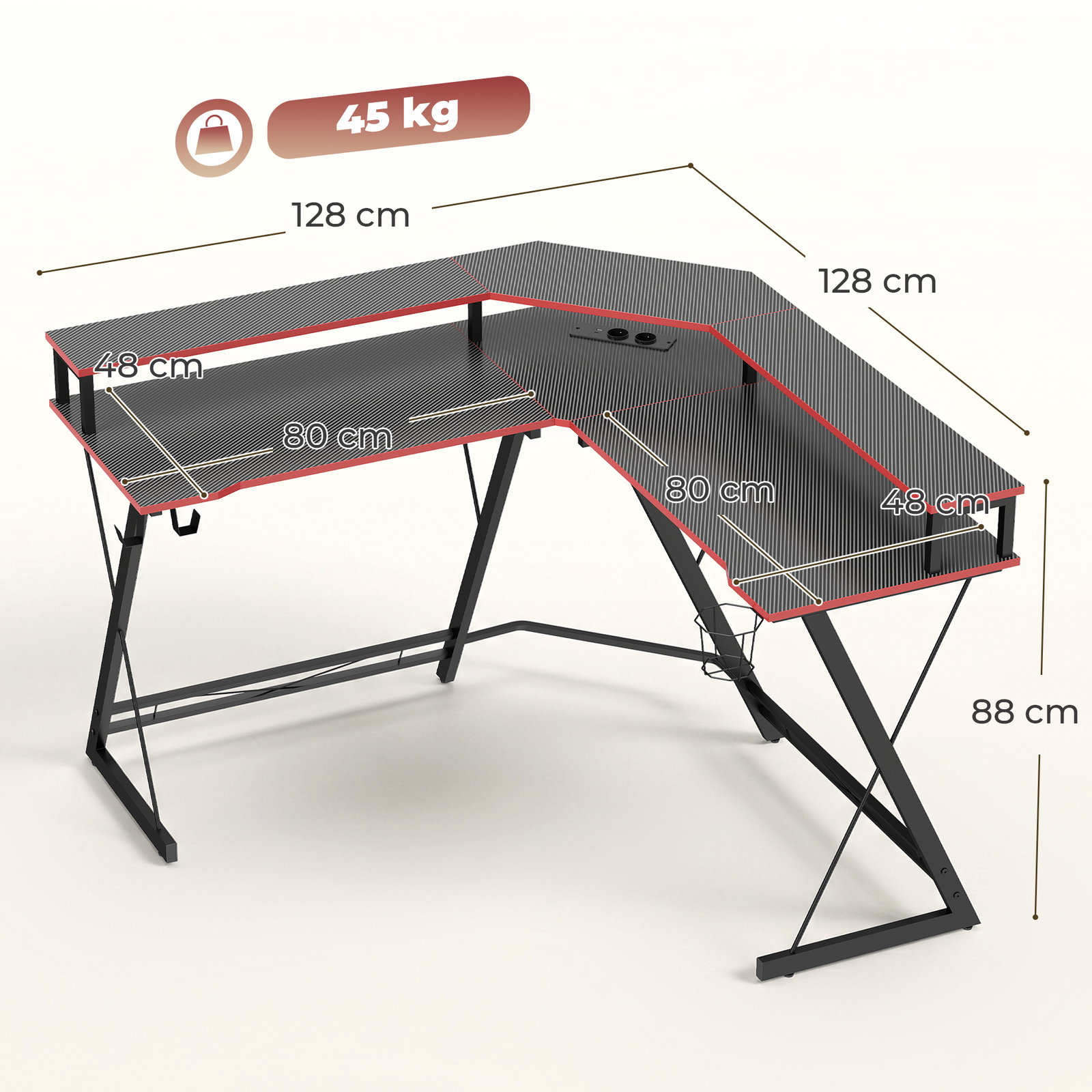 Secretária de canto com tomadas em forma de l 128x128 cm com suporte para monitor gancho e suporte para copos preta