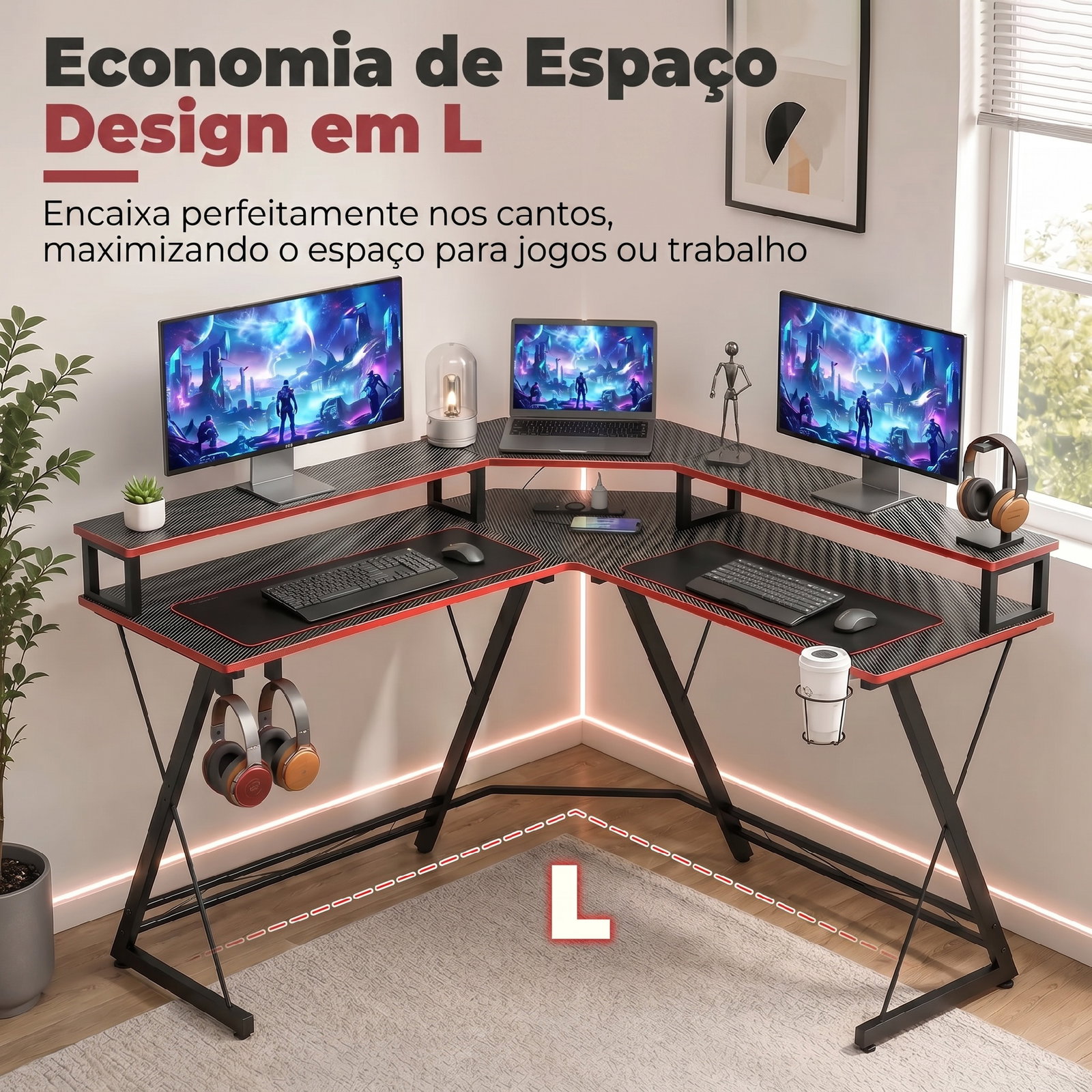 Secretária de canto com tomadas em forma de l 128x128 cm com suporte para monitor gancho e suporte para copos preta