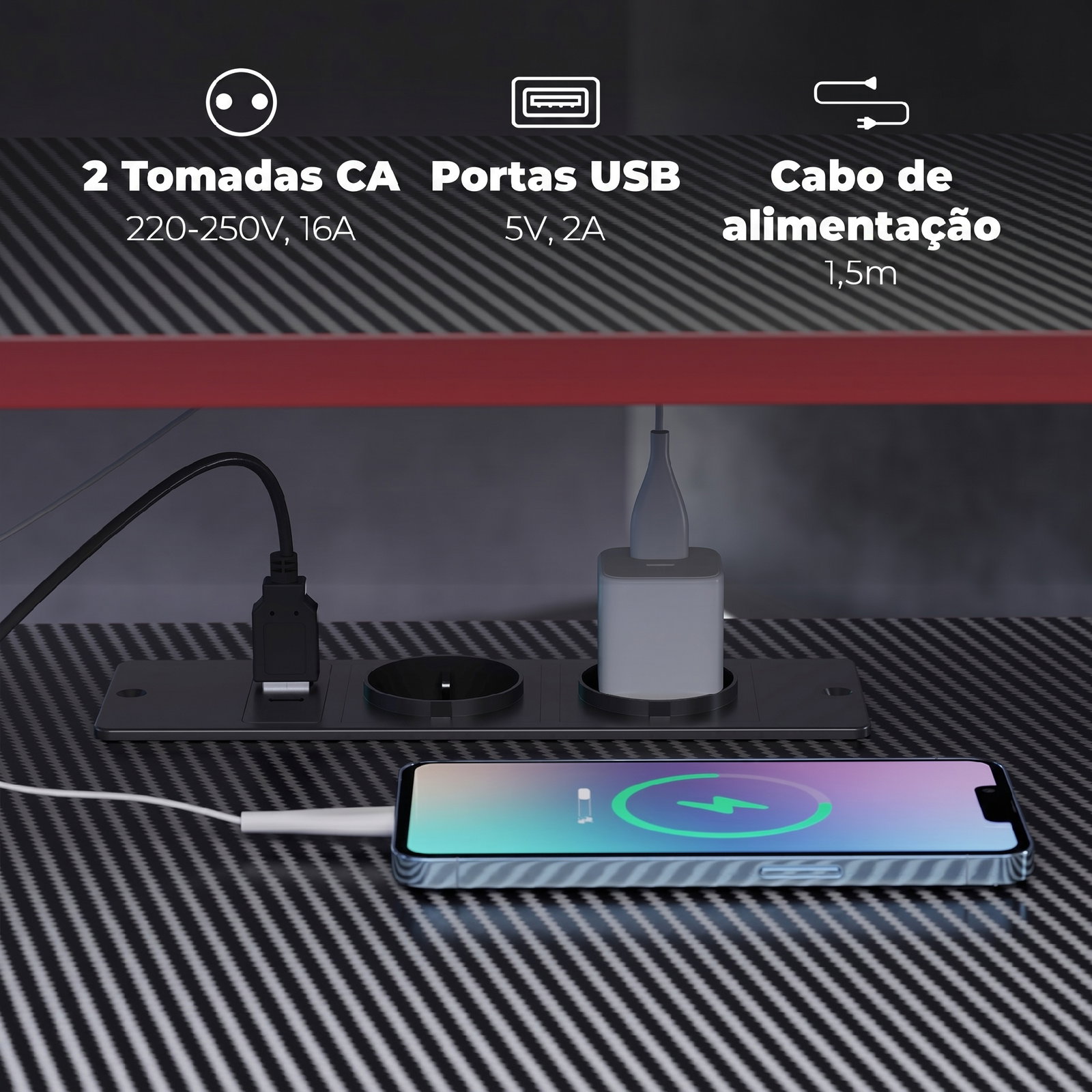 Secretária de canto com tomadas em forma de l 128x128 cm com suporte para monitor gancho e suporte para copos preta