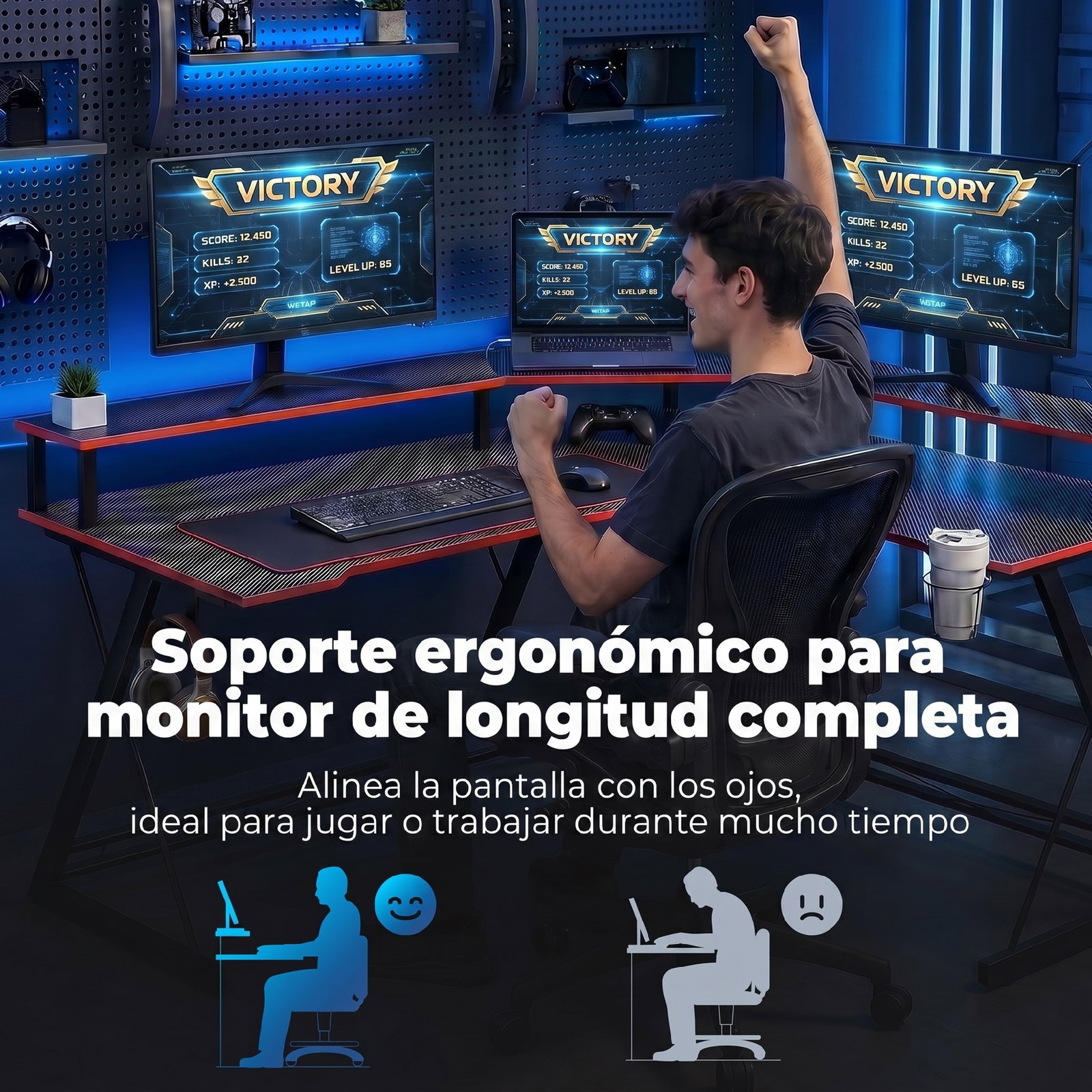 Secretária de canto com tomadas em forma de l 128x128 cm com suporte para monitor gancho e suporte para copos preta