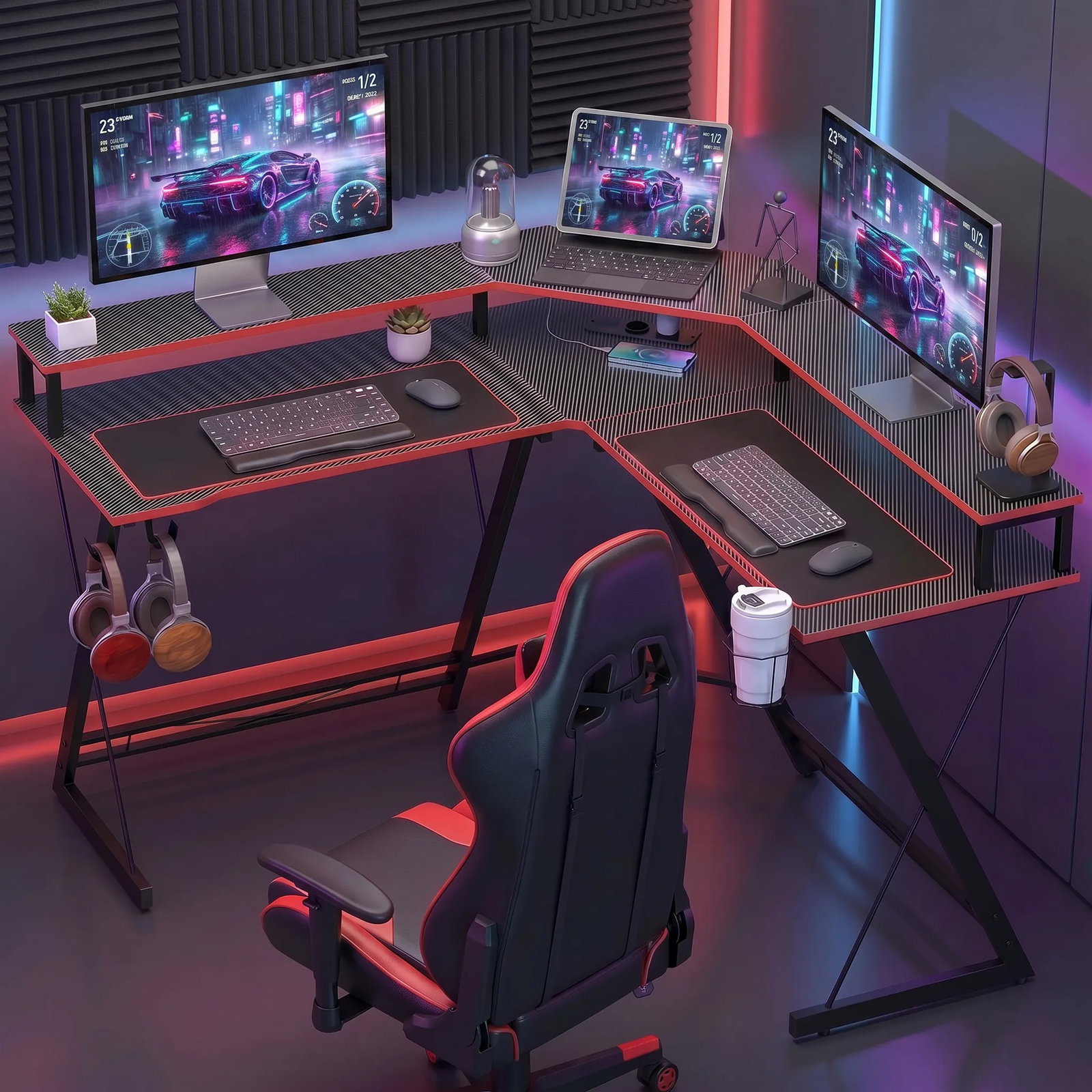 Secretária de canto com tomadas em forma de l 128x128 cm com suporte para monitor gancho e suporte para copos preta