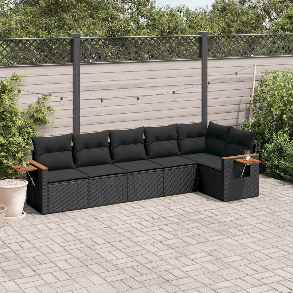 6 Pcs conjunto sofás de jardim c/ almofadões vime PE preto