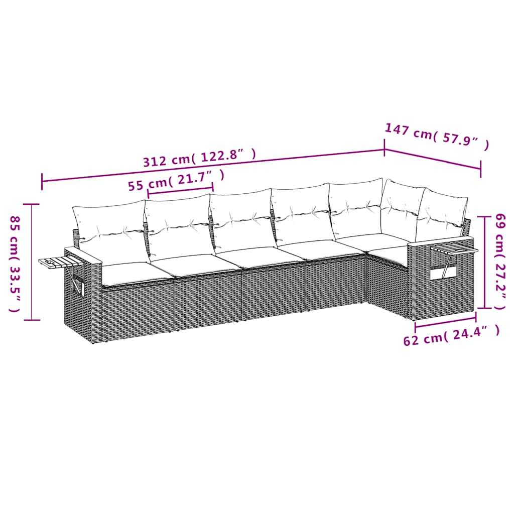 6 Pcs conjunto sofás de jardim c/ almofadões vime PE preto
