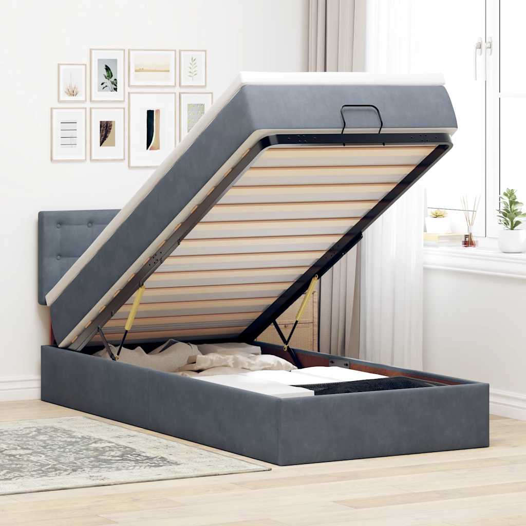 Moldura de cama otomana com colchão cinza escuro veludo