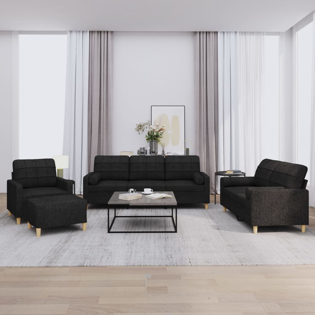 4 Pcs conjunto de sofás com almofadas tecido preto