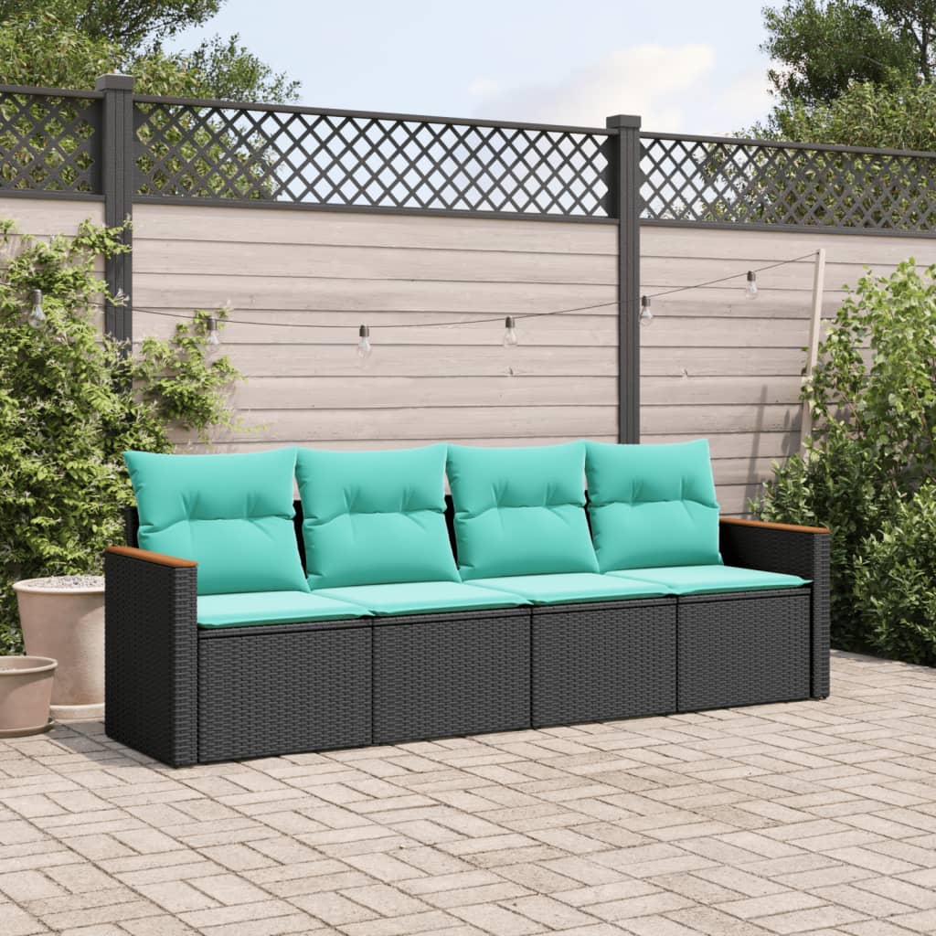 Conjunto de sofá de jardim com 4 peças e almofadas em rattan sintético preto