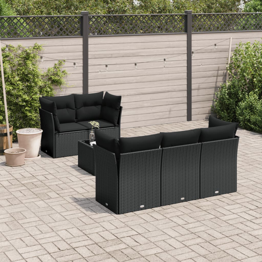 6 Pcs conjunto sofás de jardim c/ almofadões vime PE preto