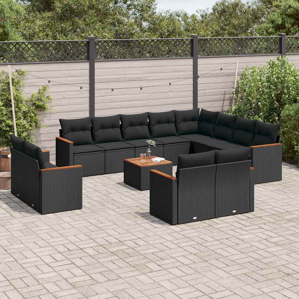 13 Pcs conjunto de sofás de jardim com almofadões vime PE preto