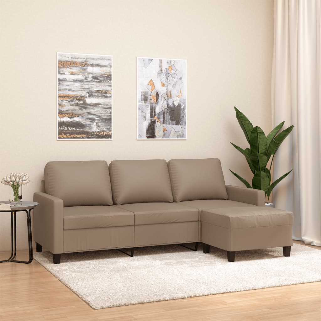 Sofá 3 lugares c/ apoio pés 180 cm couro artificial cappuccino
