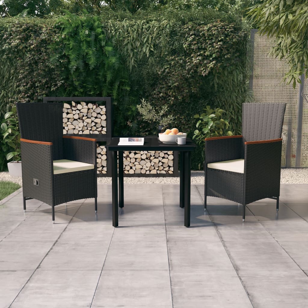 3 Pcs conjunto de jantar para jardim com almofadões preto