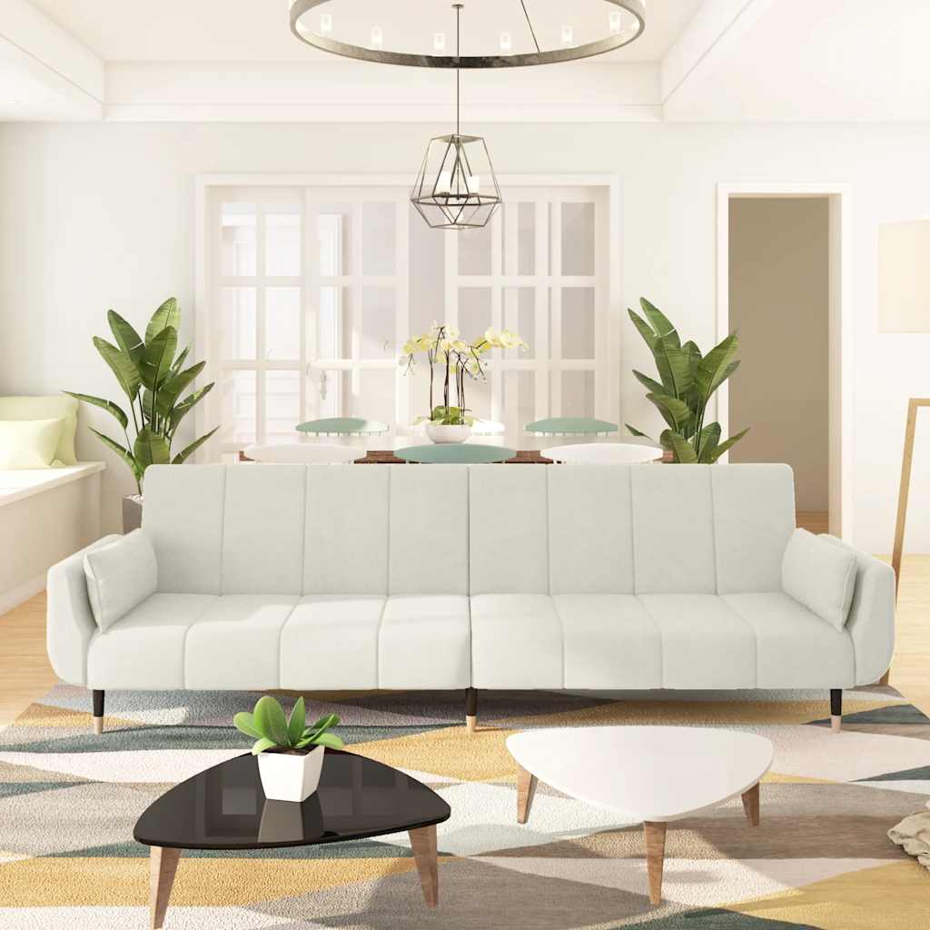 Sofá-cama 2 lugares com duas almofadas veludo cor creme