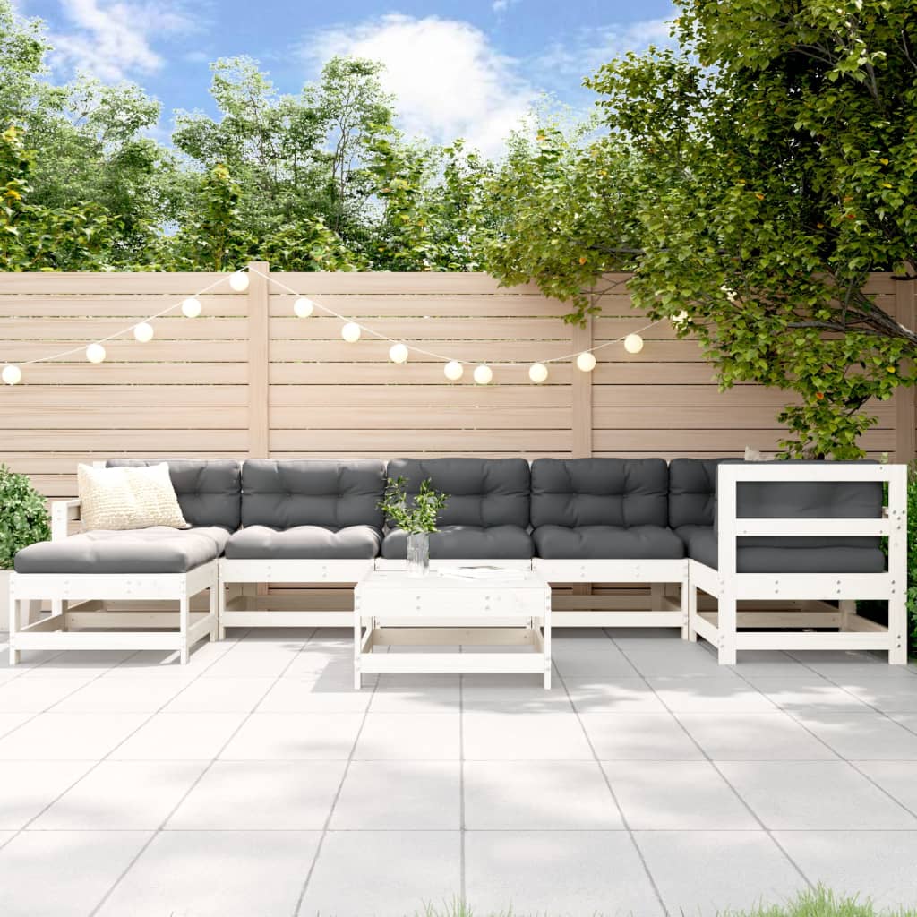 8Pcs conjunto lounge jardim c/ almofadões madeira maciça branco