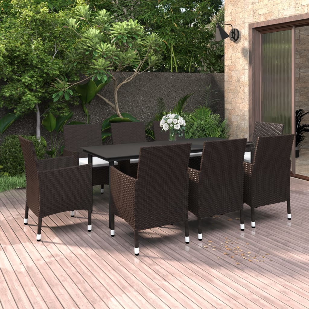 9 Pcs conjunto jantar jardim c/ almofadões vime PE e vidro