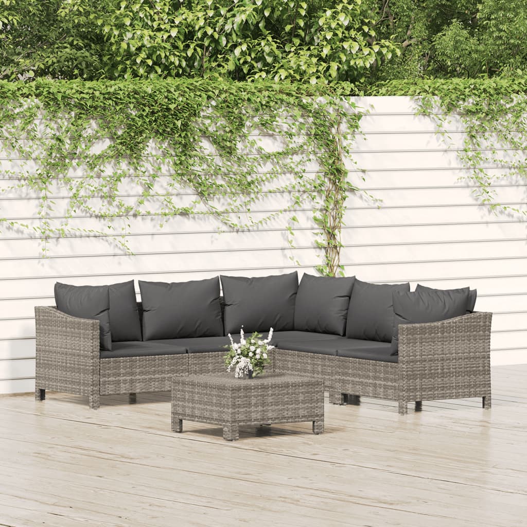 6 Pcs conjunto lounge de jardim c/ almofadões vime PE cinzento