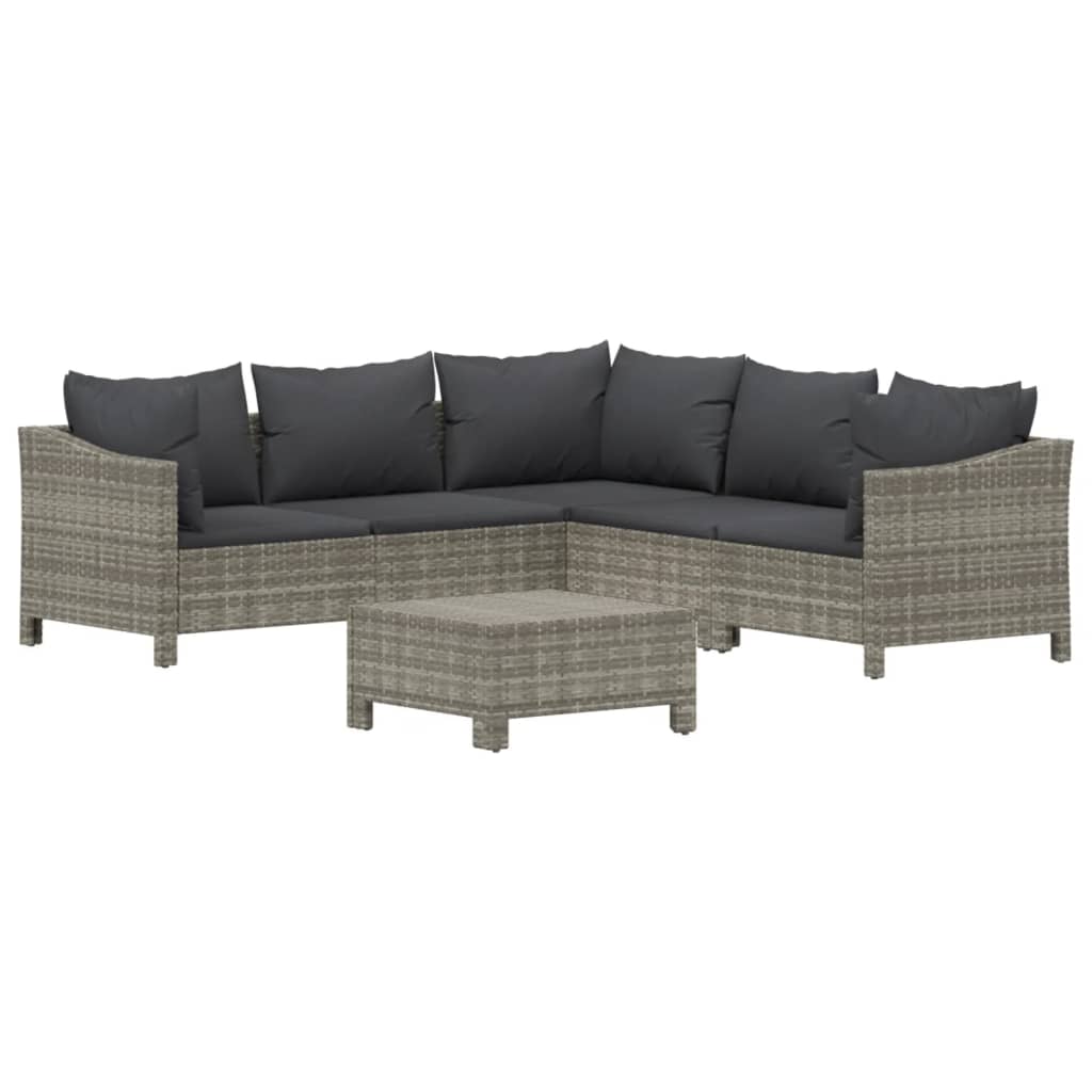 6 Pcs conjunto lounge de jardim c/ almofadões vime PE cinzento