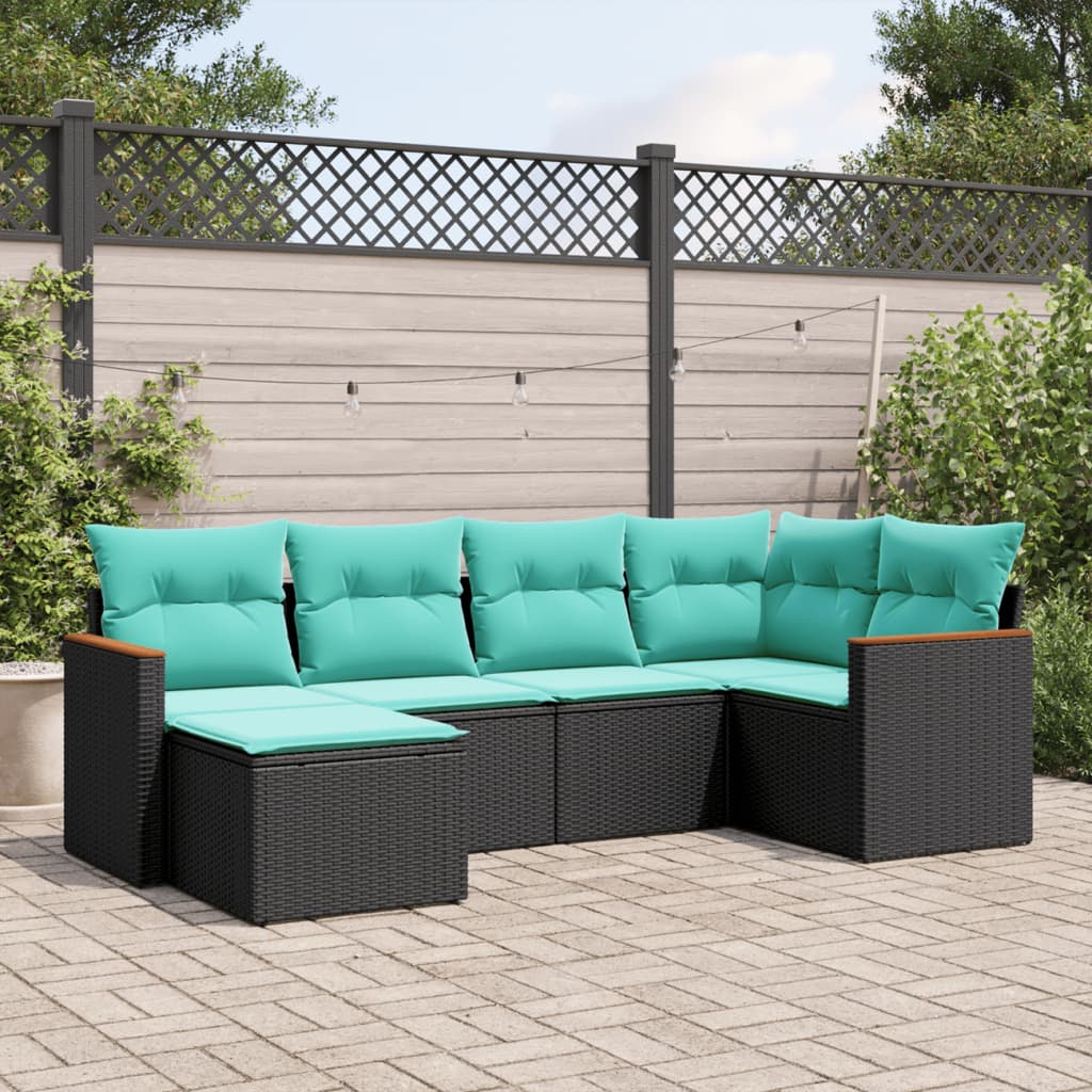 Conjunto de sofá de jardim com 6 peças e almofadas em rattan sintético preto