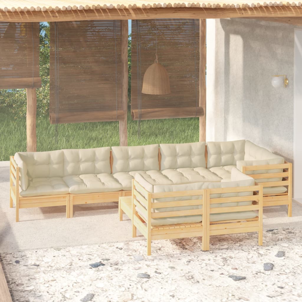 9 Pcs conjunto lounge jardim c/ almofadões creme pinho maciço