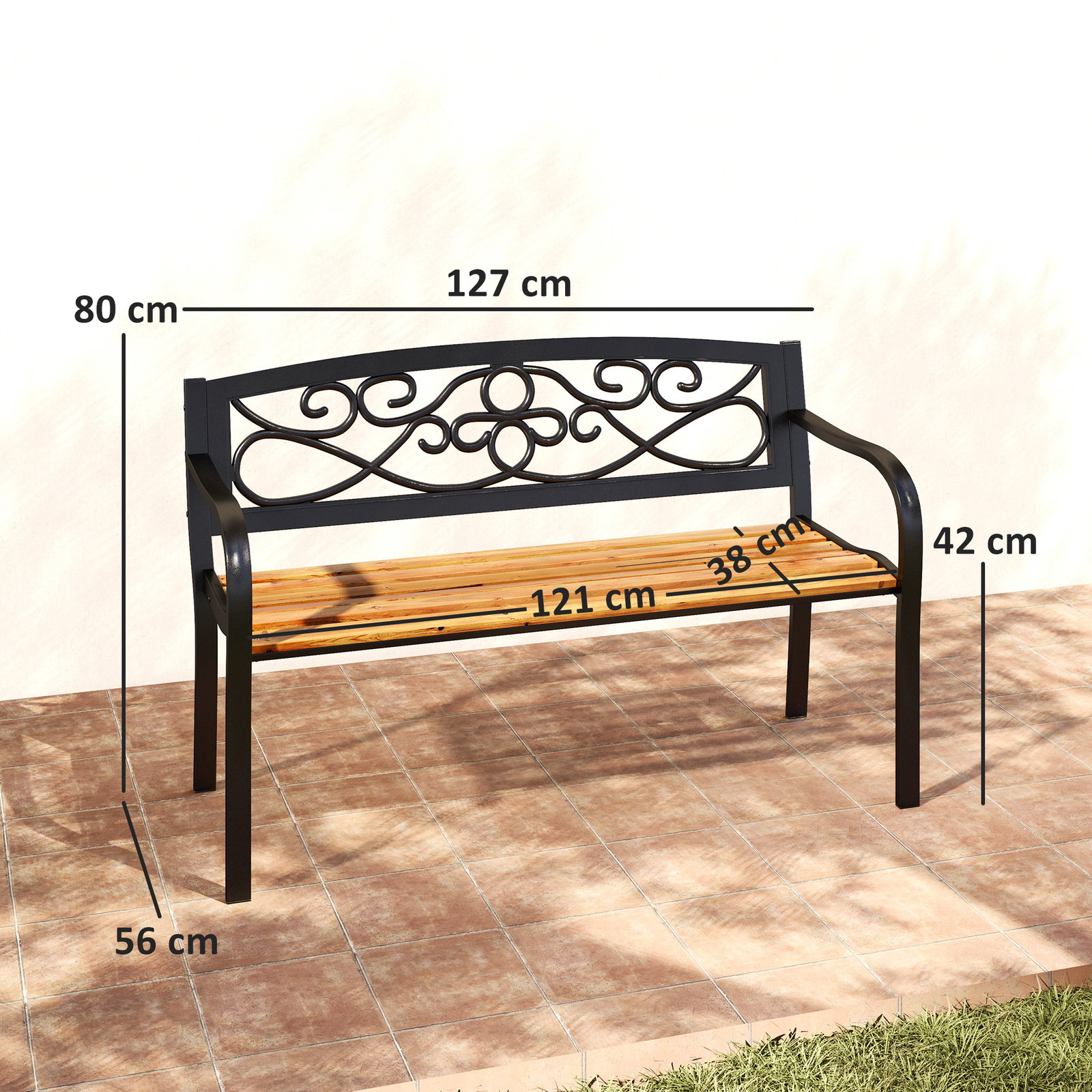 Banco de jardim de 2 lugares banco de exterior com assento de madeira e estrutura de aço 127x56x80 cm madeira e preto