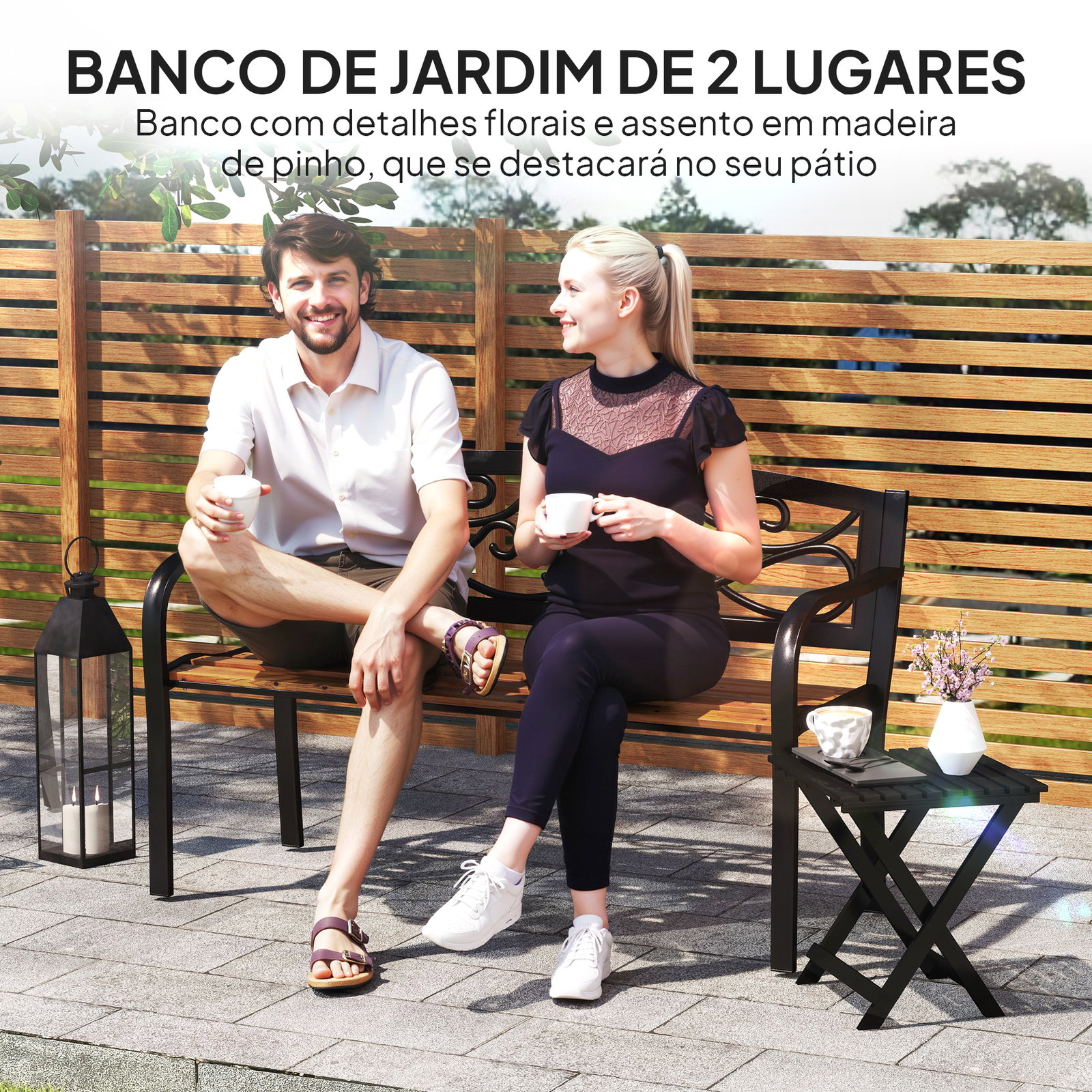 Banco de jardim de 2 lugares banco de exterior com assento de madeira e estrutura de aço 127x56x80 cm madeira e preto
