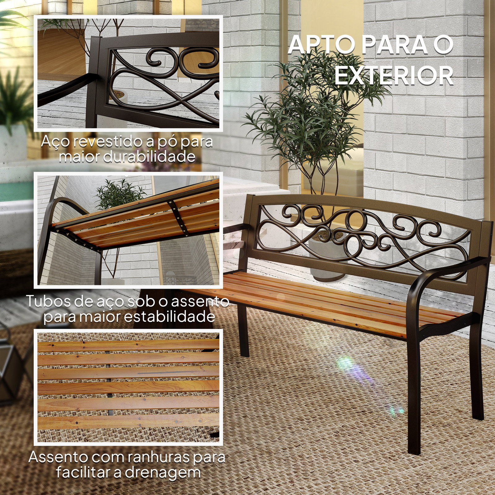 Banco de jardim de 2 lugares banco de exterior com assento de madeira e estrutura de aço 127x56x80 cm madeira e preto
