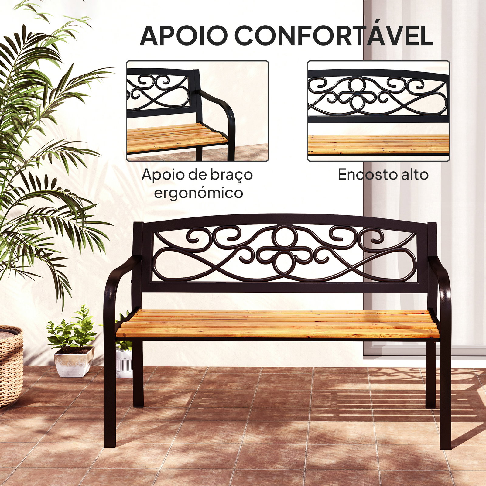 Banco de jardim de 2 lugares banco de exterior com assento de madeira e estrutura de aço 127x56x80 cm madeira e preto