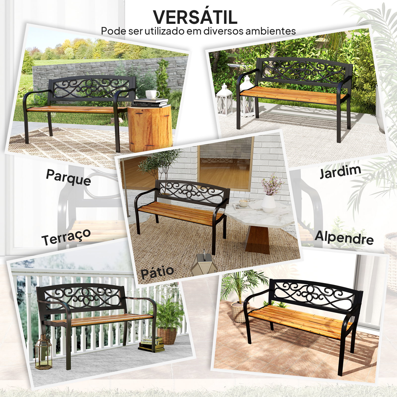 Banco de jardim de 2 lugares banco de exterior com assento de madeira e estrutura de aço 127x56x80 cm madeira e preto