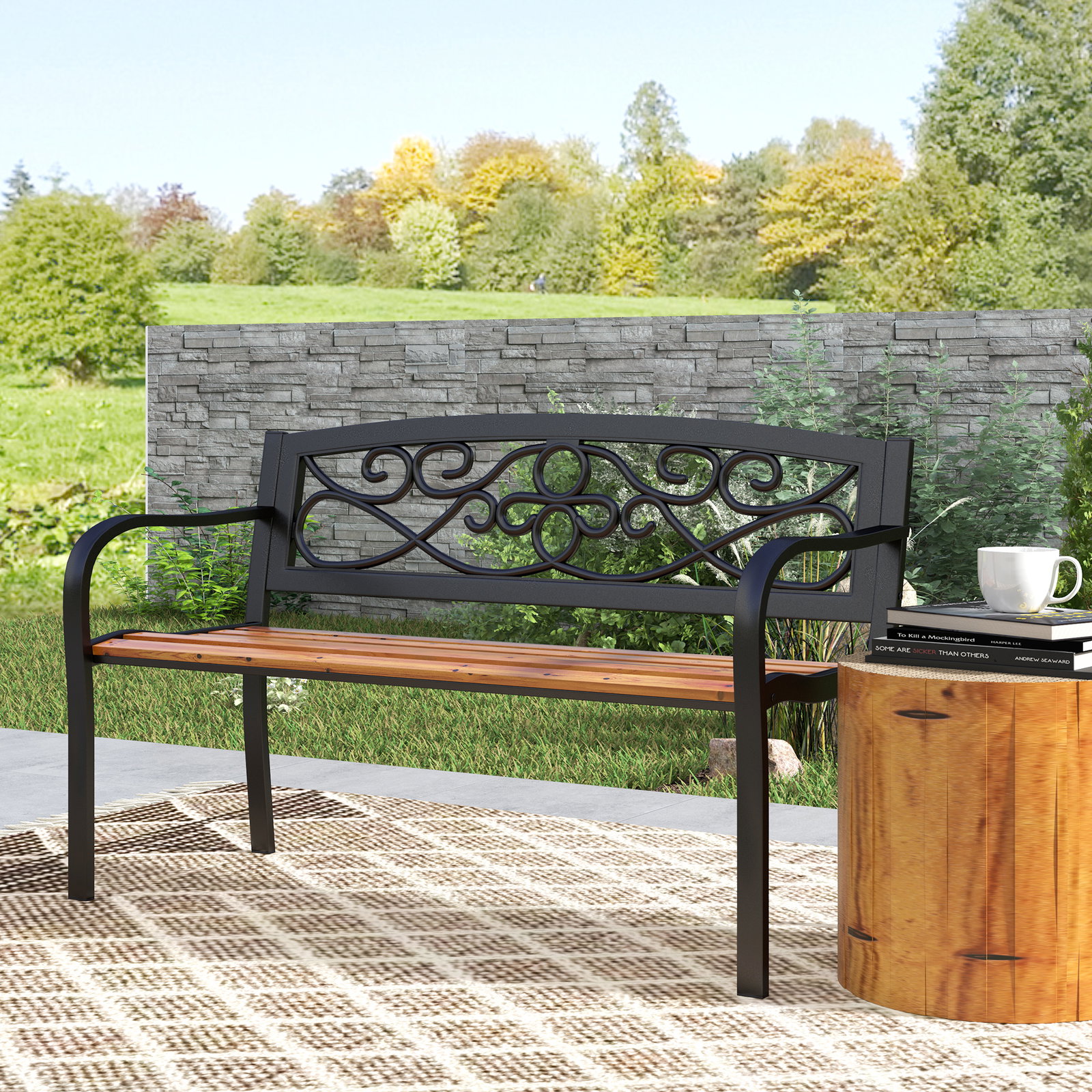 Banco de jardim de 2 lugares banco de exterior com assento de madeira e estrutura de aço 127x56x80 cm madeira e preto
