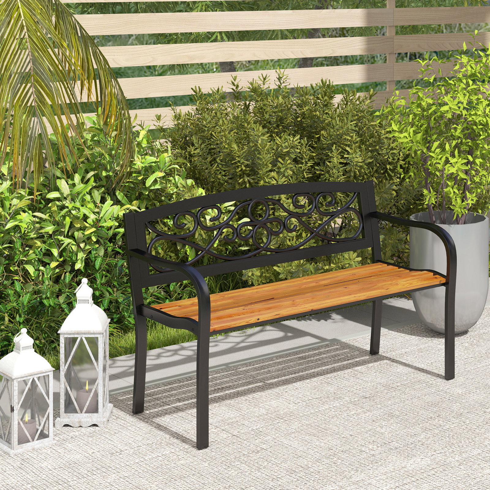 Banco de jardim de 2 lugares banco de exterior com assento de madeira e estrutura de aço 127x56x80 cm madeira e preto