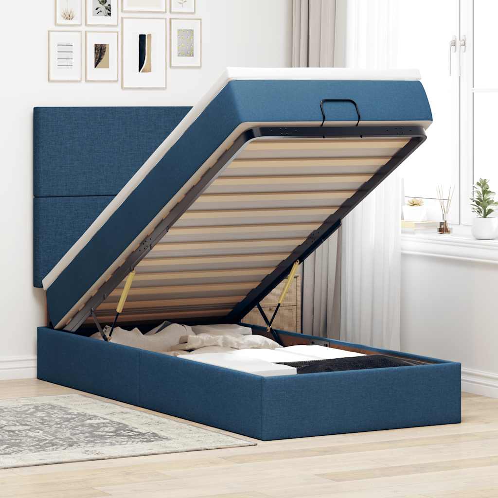 Cama otomana com colchão 100x200 cm tecido azul