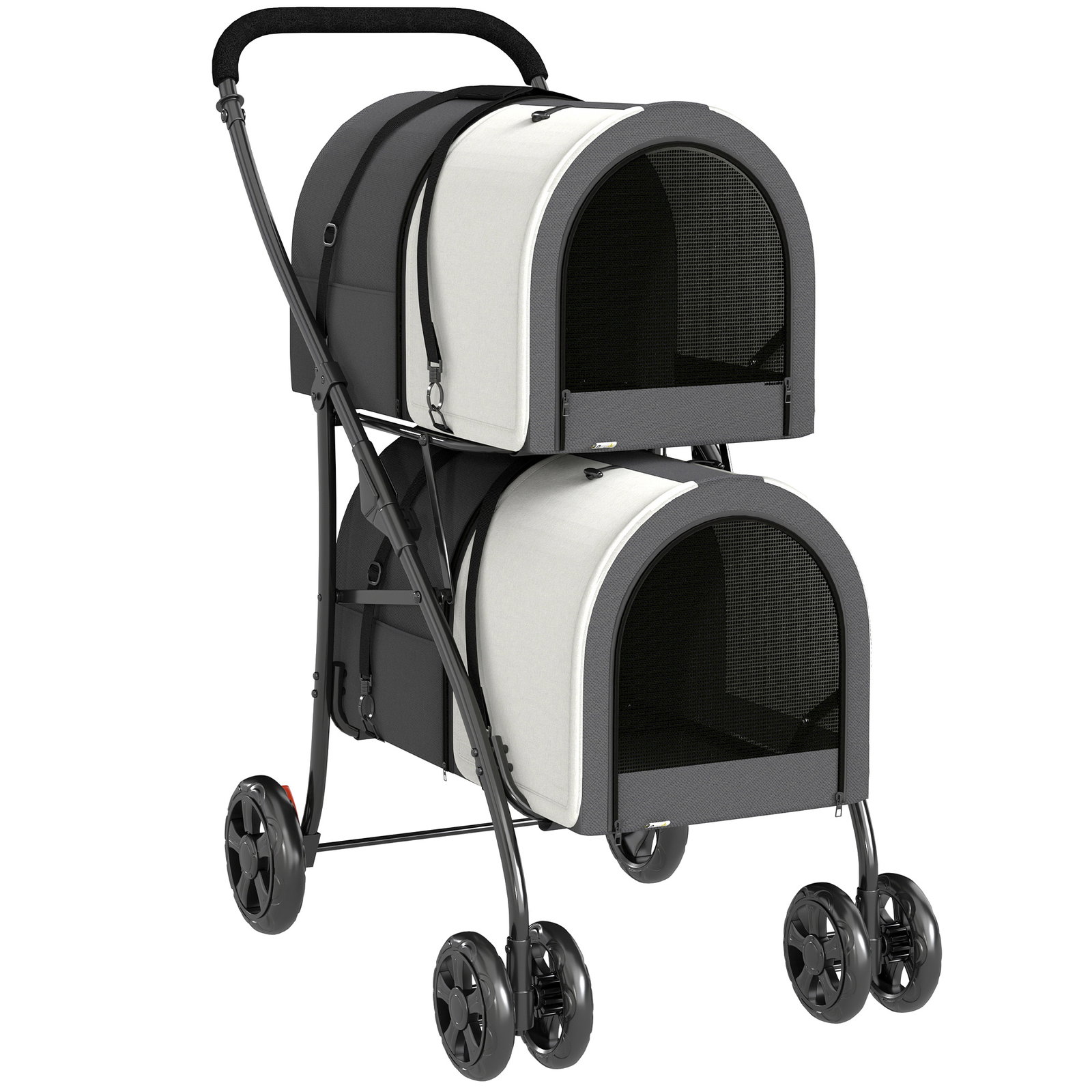 Carrinho duplo para cães e gatos dobrável com 2 transportadoras removíveis com cinto e almofadas 66x50x98 cm cinzento escuro