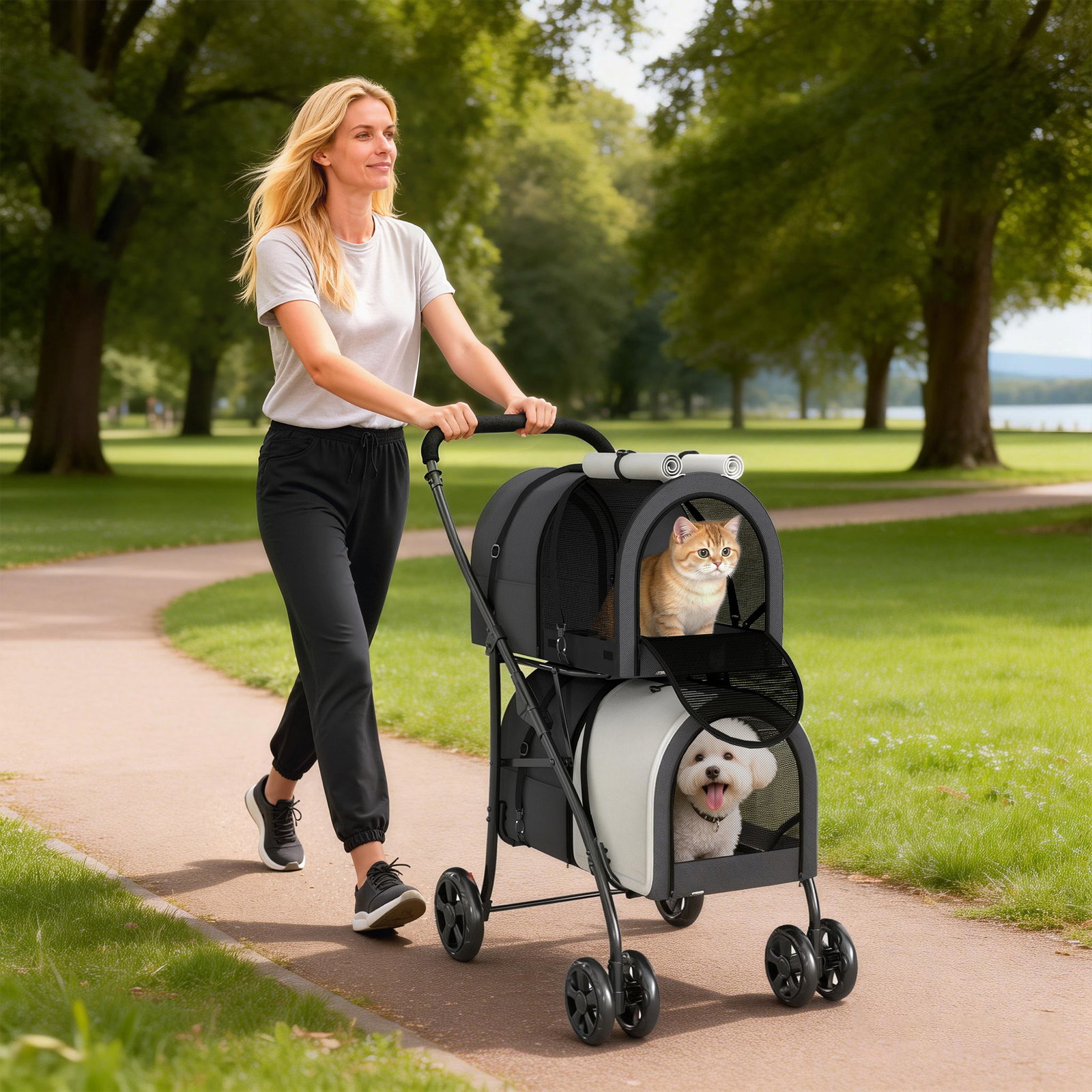 Carrinho duplo para cães e gatos dobrável com 2 transportadoras removíveis com cinto e almofadas 66x50x98 cm cinzento escuro