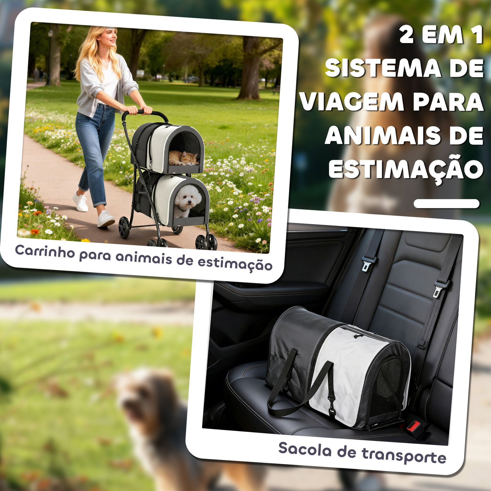 Carrinho duplo para cães e gatos dobrável com 2 transportadoras removíveis com cinto e almofadas 66x50x98 cm cinzento escuro