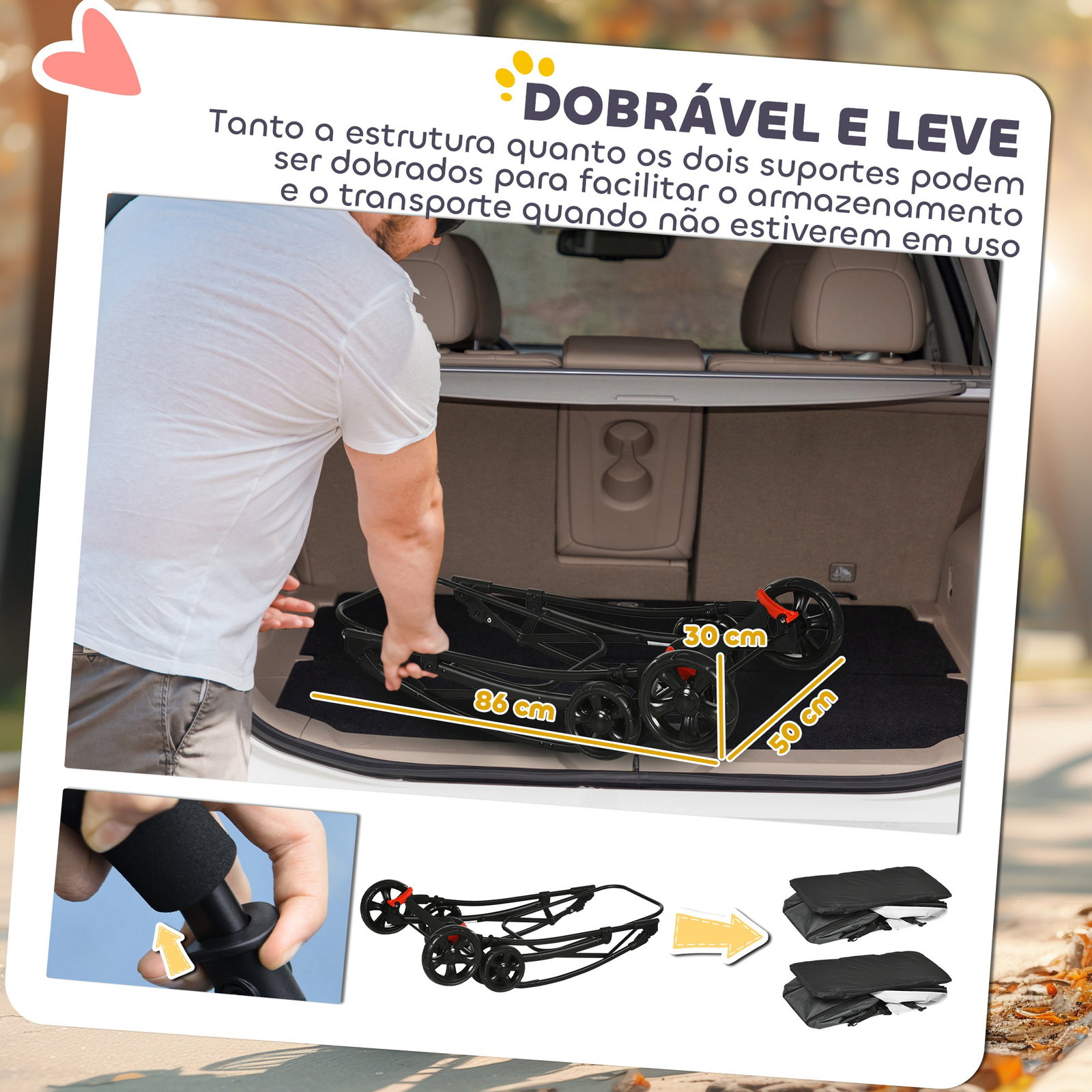 Carrinho duplo para cães e gatos dobrável com 2 transportadoras removíveis com cinto e almofadas 66x50x98 cm cinzento escuro