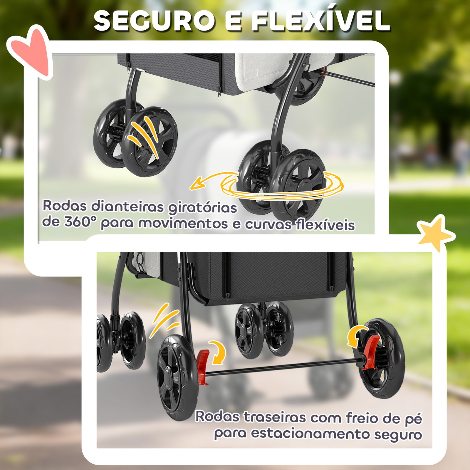 Carrinho duplo para cães e gatos dobrável com 2 transportadoras removíveis com cinto e almofadas 66x50x98 cm cinzento escuro