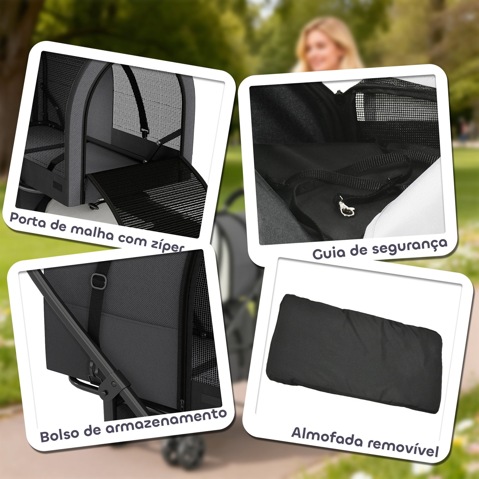 Carrinho duplo para cães e gatos dobrável com 2 transportadoras removíveis com cinto e almofadas 66x50x98 cm cinzento escuro
