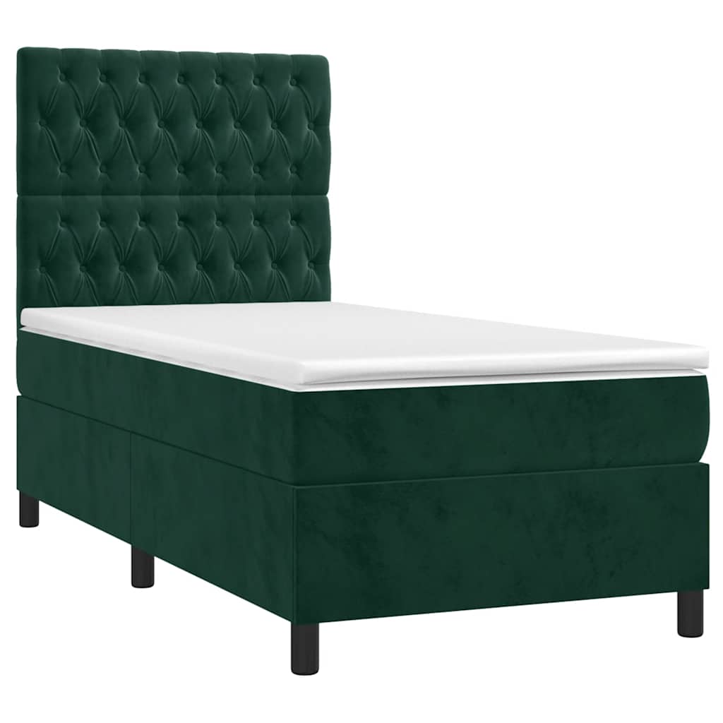 Cama box spring c/ colchão/LED 80x200 cm veludo verde-escuro