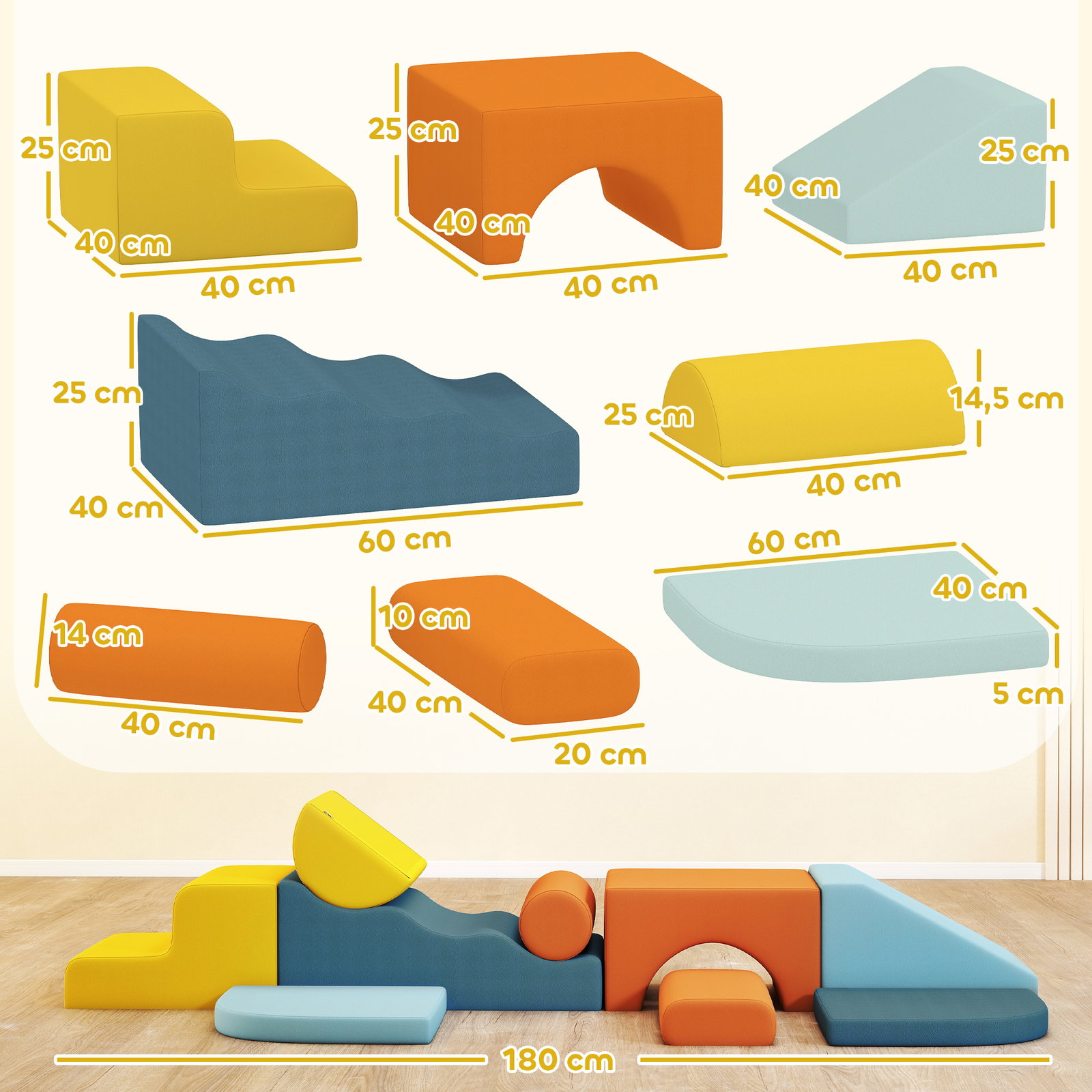 Conjunto de 9 blocos de espuma para crianças com capas de veludo laváveis blocos de psicomotricidade para escalar e rastejar multicor